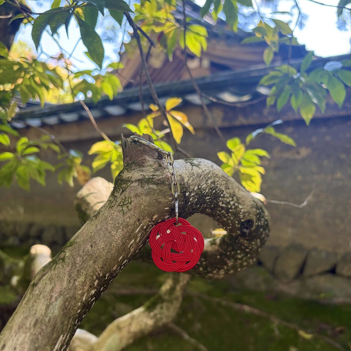 Handmade Red Ume Mizuhiki Keychain – Japanese Plum Blossom Good Luck Charm